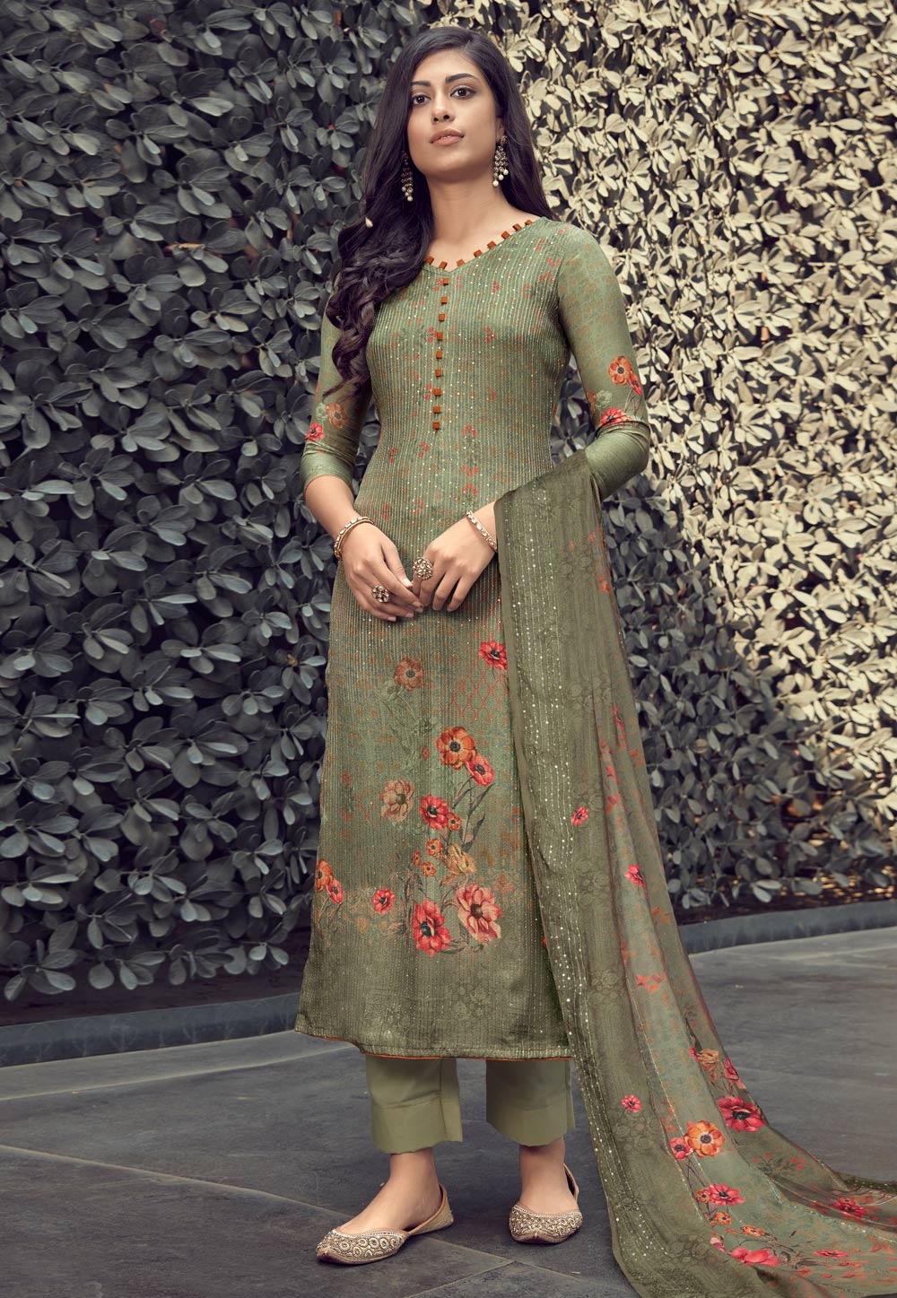 Olive Green Muslin Pant Style Suit 227358