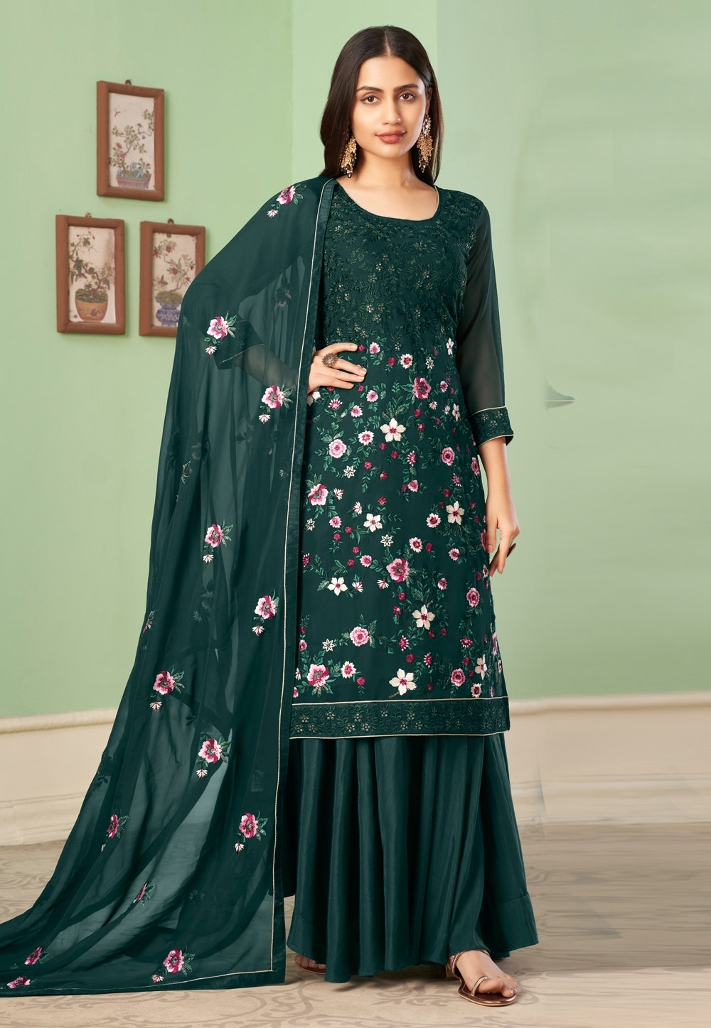 Green Georgette Palazzo Suit 252117