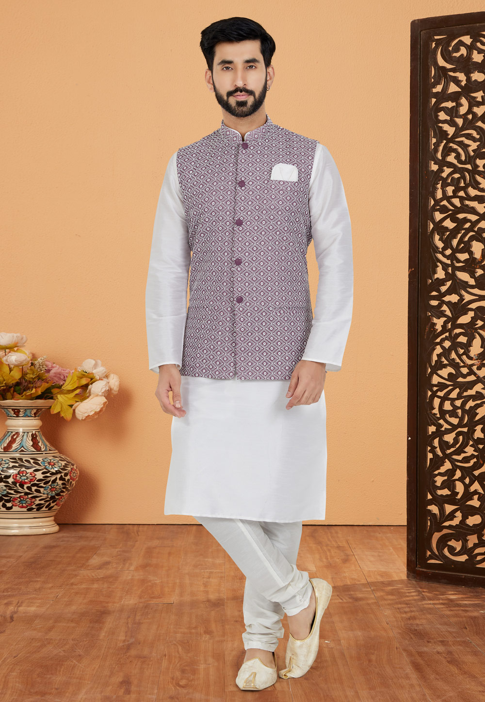 White Banarasi Kurta Pajama With Jacket 268565