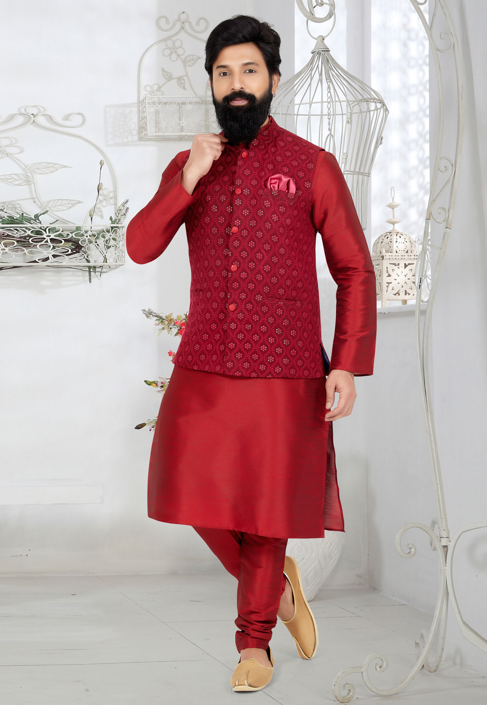 Maroon Banarasi Kurta Pajama With Jacket 268566