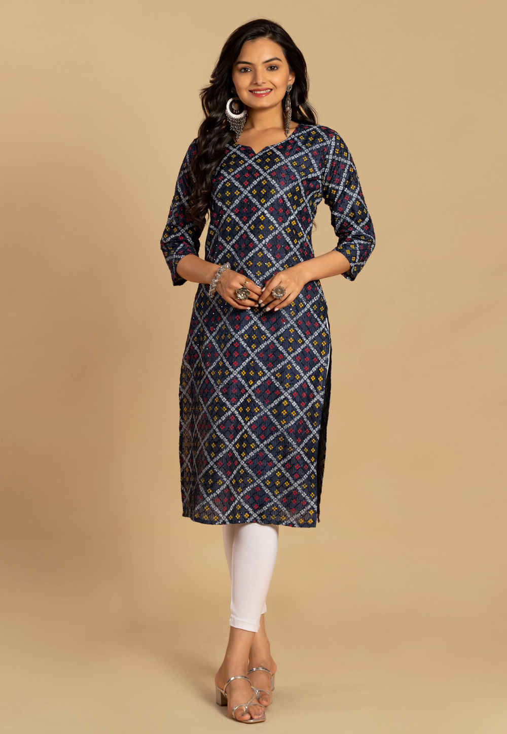 Navy Blue Chanderi Printed Kurti 270444