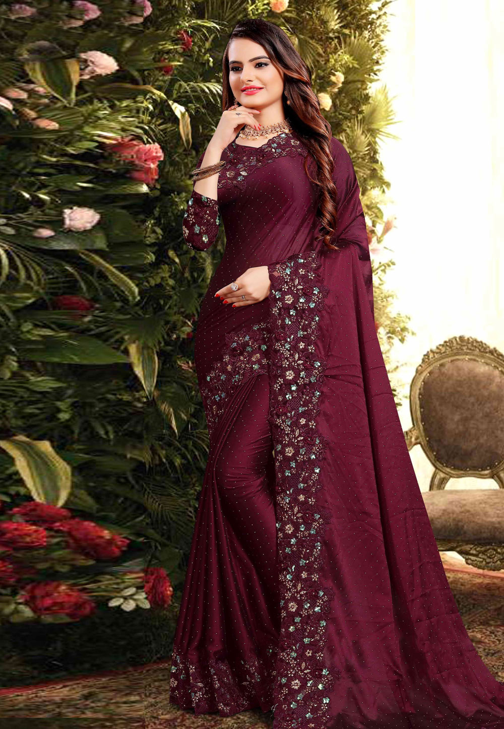 Buy Wine Sarees for Women by Choiceit Online | Ajio.com