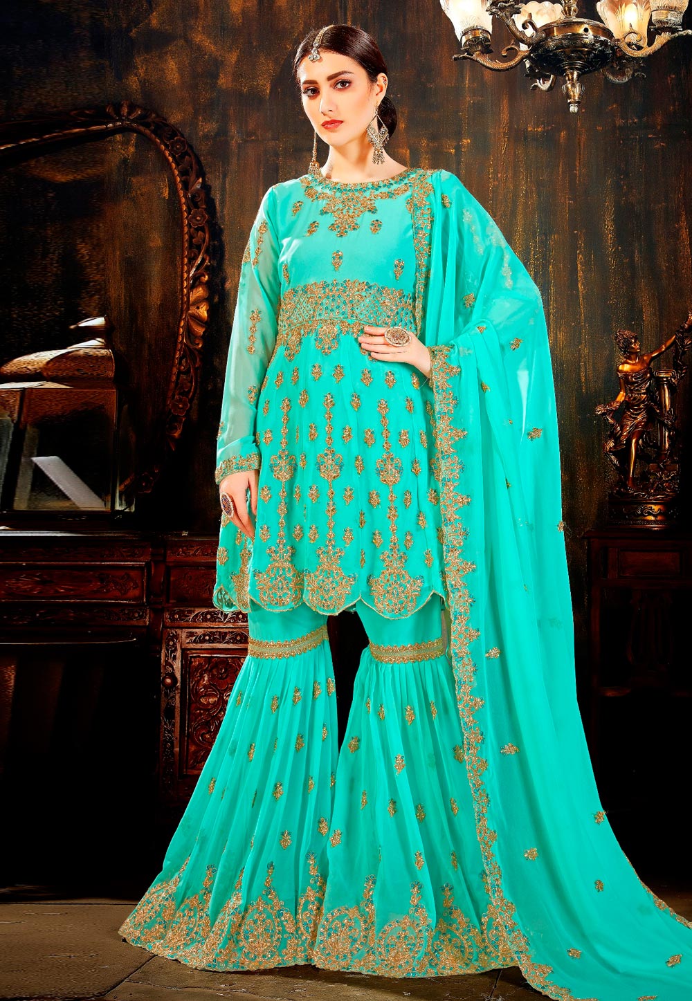 Aqua Faux Georgette Embroidered Sharara Suit 170344