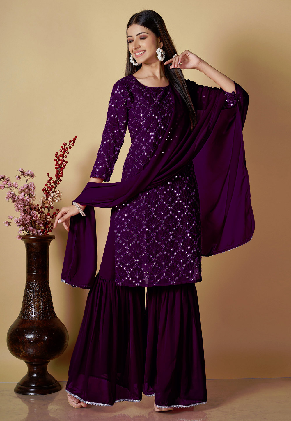 Purple Georgette Readymade Sharara Suit 268853