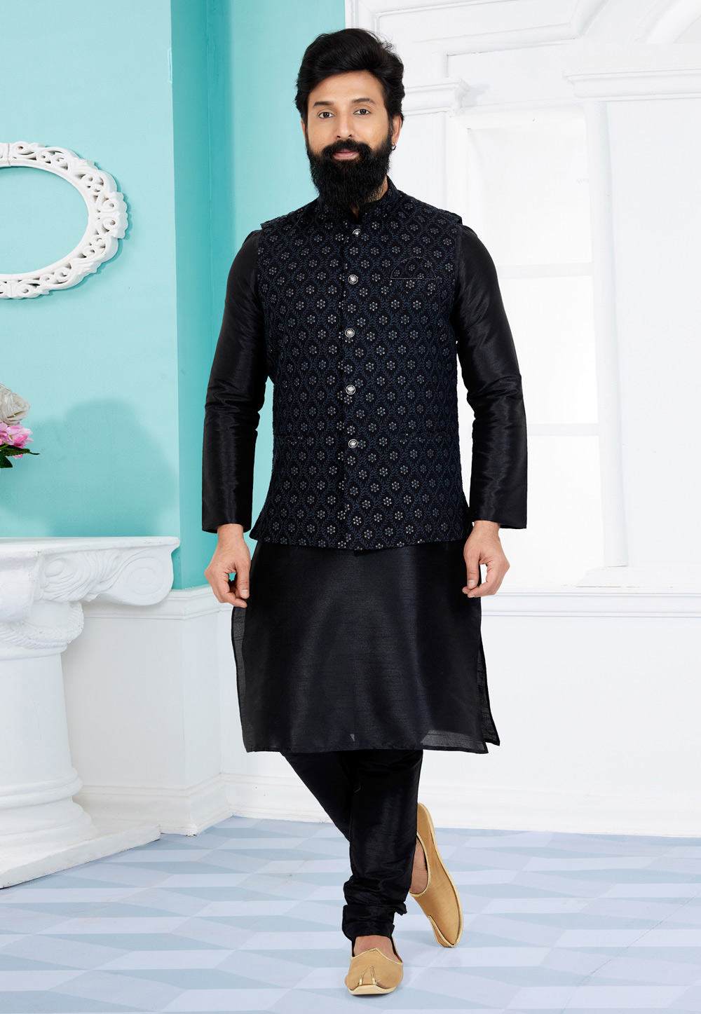 Black Banarasi Kurta Pajama With Jacket 268567