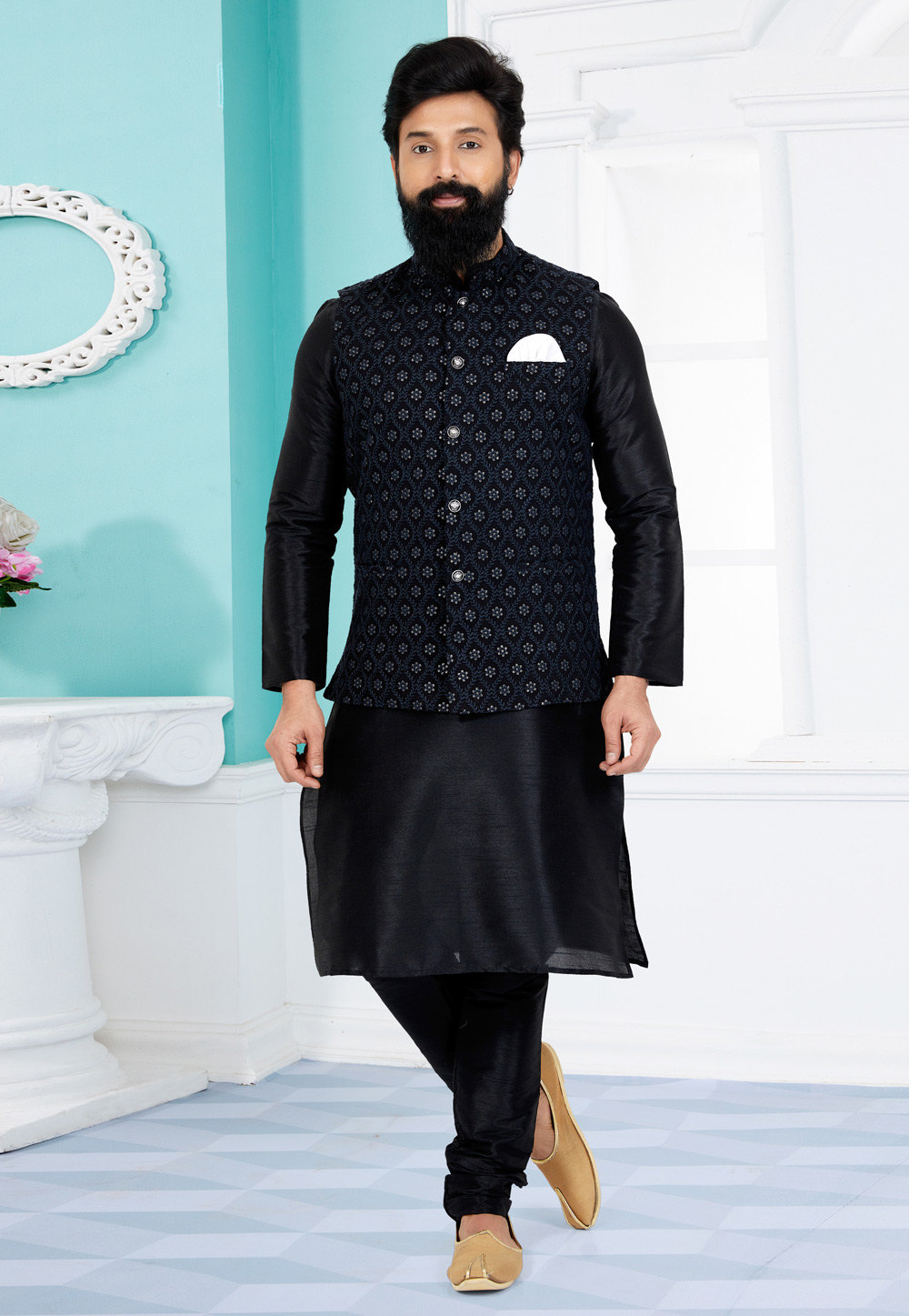 Black Banarasi Kurta Pajama With Jacket 268567