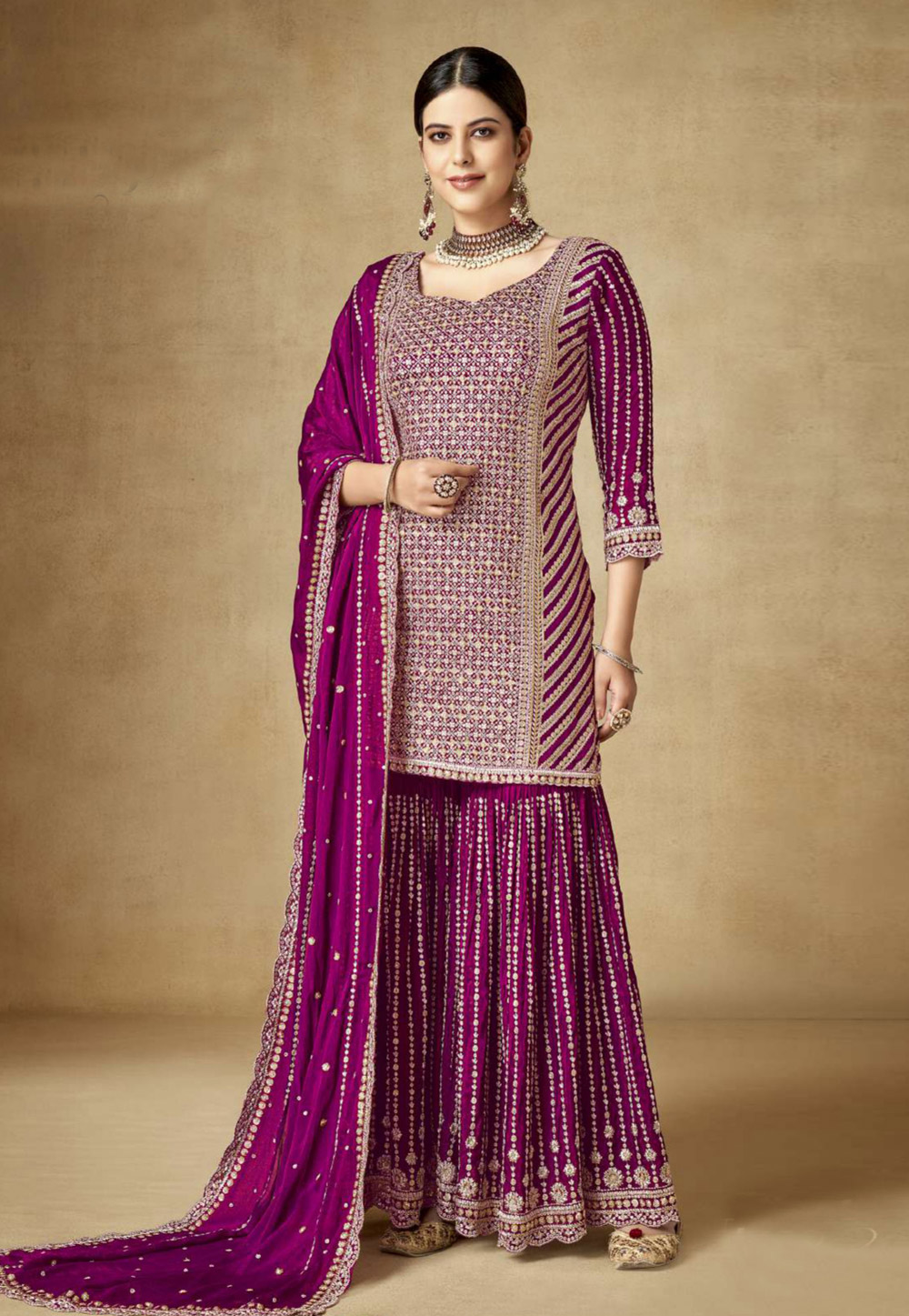 Purple Chinon Embroidered Sharara Suit 276040