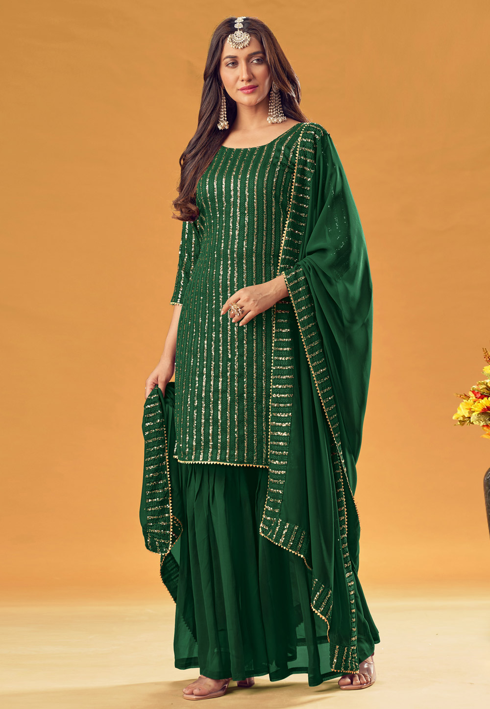 Green Faux Georgette Sharara Suit 243965