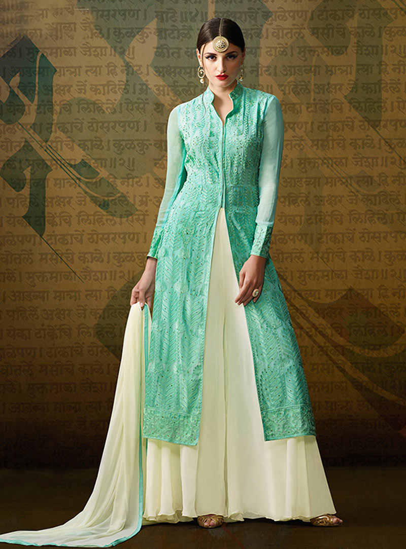 Sea Green Georgette Palazzo Style Suit 74121
