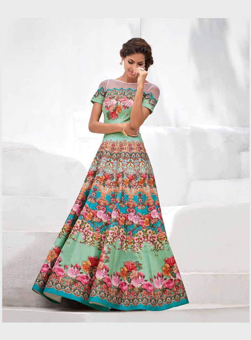 Green Satin Silk Designer Gown 77516