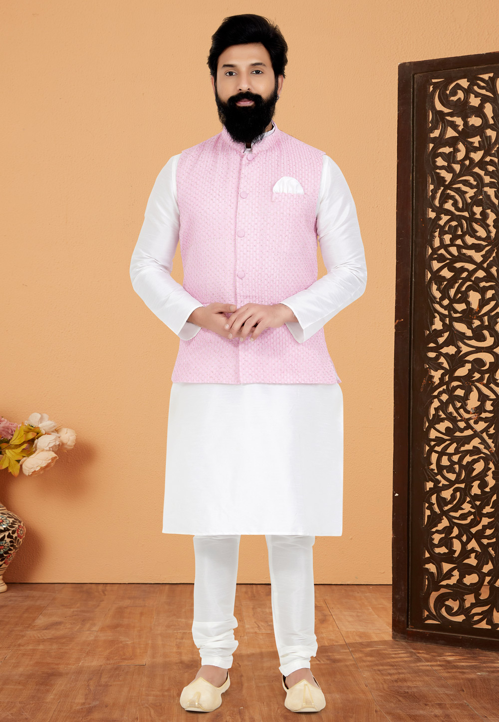 White Banarasi Kurta Pajama With Jacket 268568