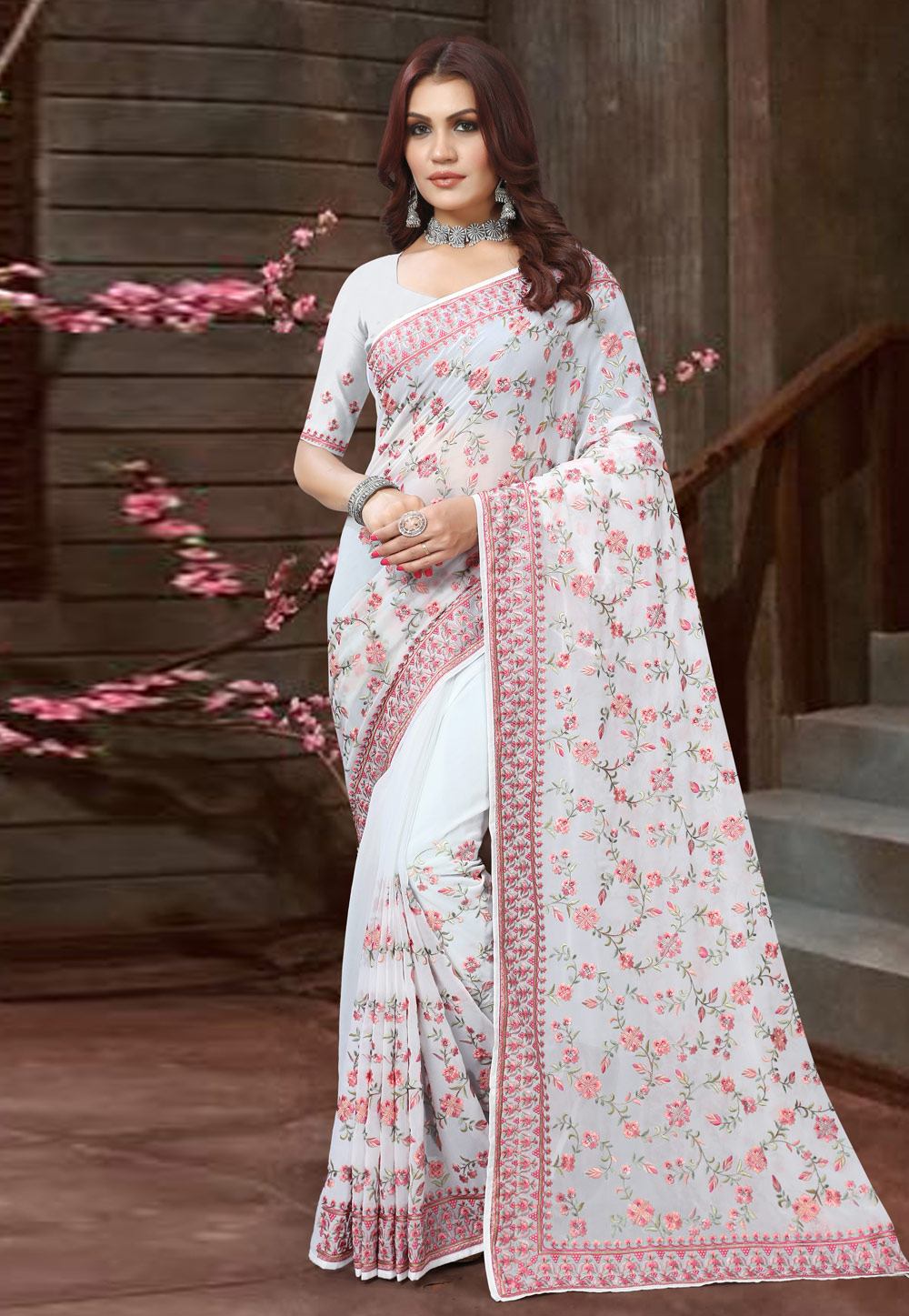 White Georgette Saree With Blouse 272703