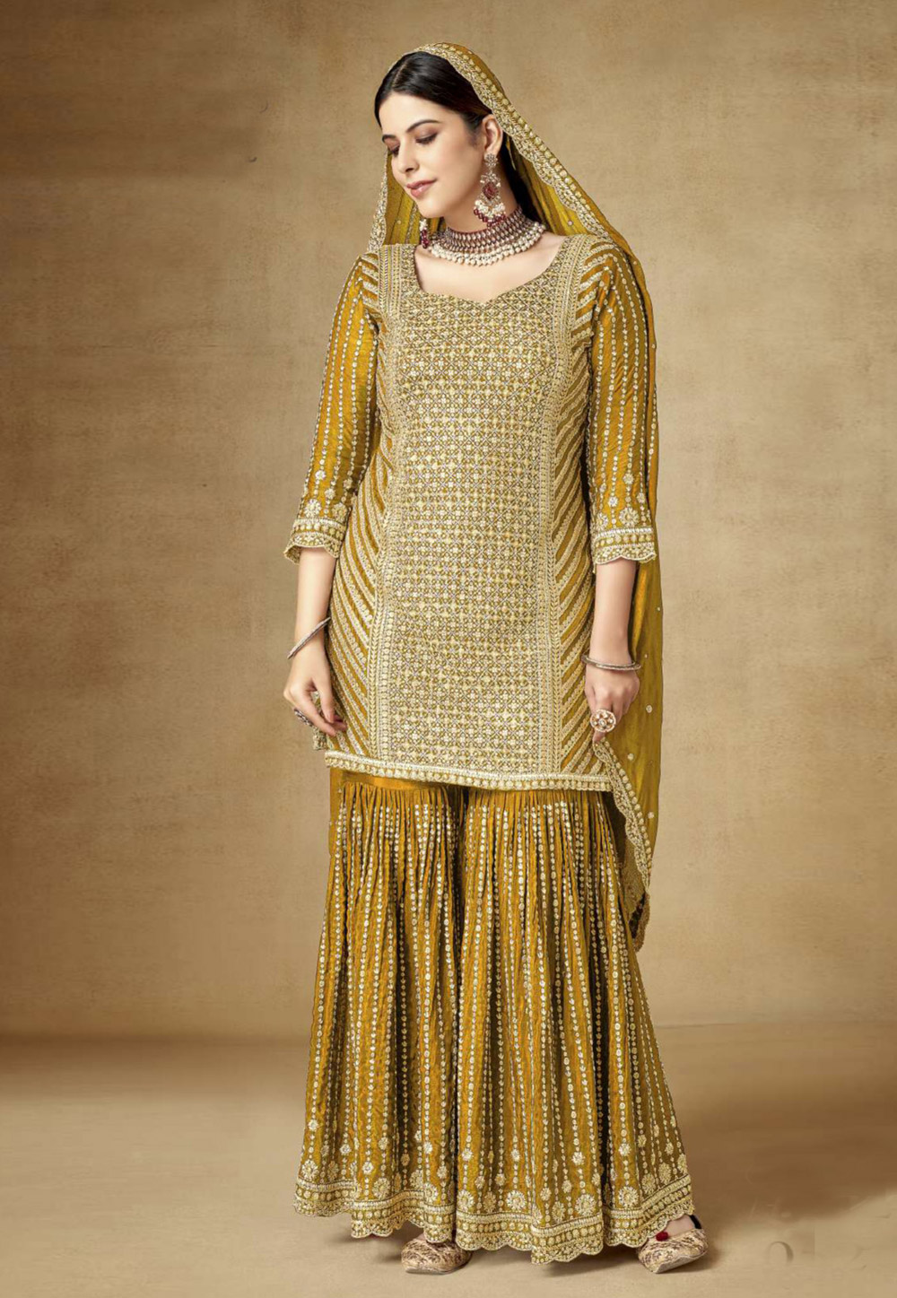 Mustard Chinon Embroidered Gharara Suit 276041