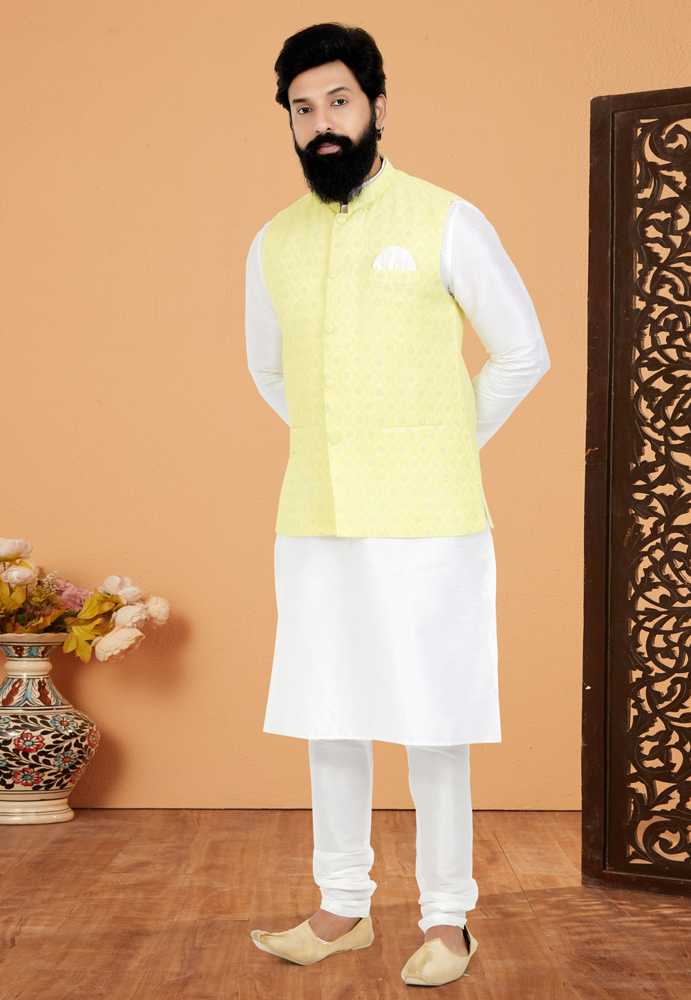 White Banarasi Kurta Pajama With Jacket 268569