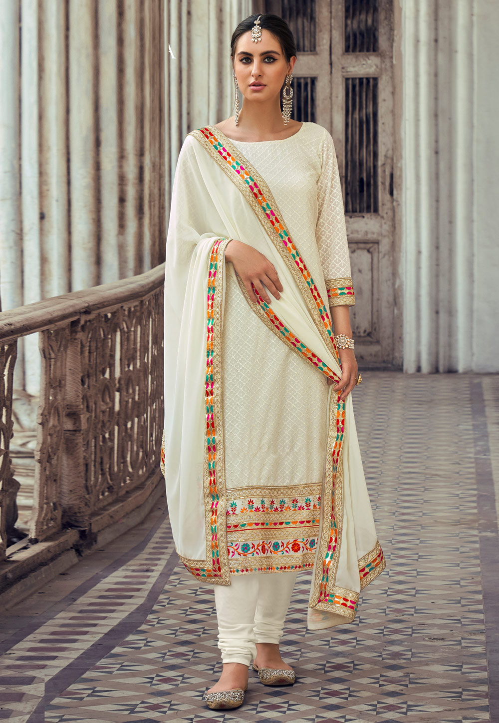 Off White Georgette Churidar Suit 259233
