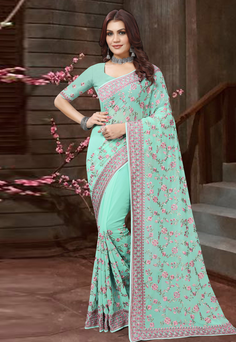 Sea Green Georgette Saree With Blouse 272704