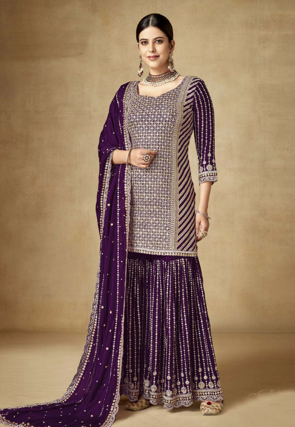 Purple Chinon Embroidered Sharara Suit 276042