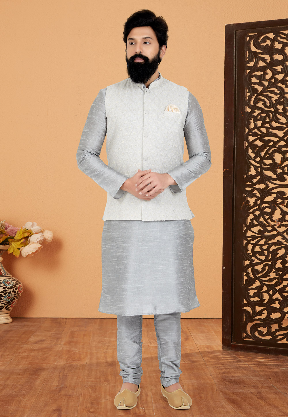 Grey Banarasi Kurta Pajama With Jacket 268570