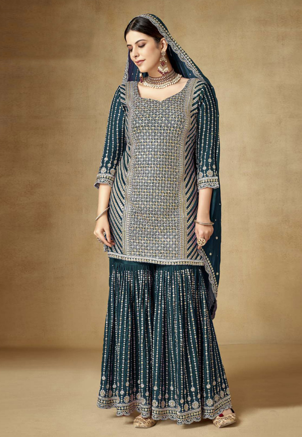Teal Chinon Embroidered Gharara Suit 276043