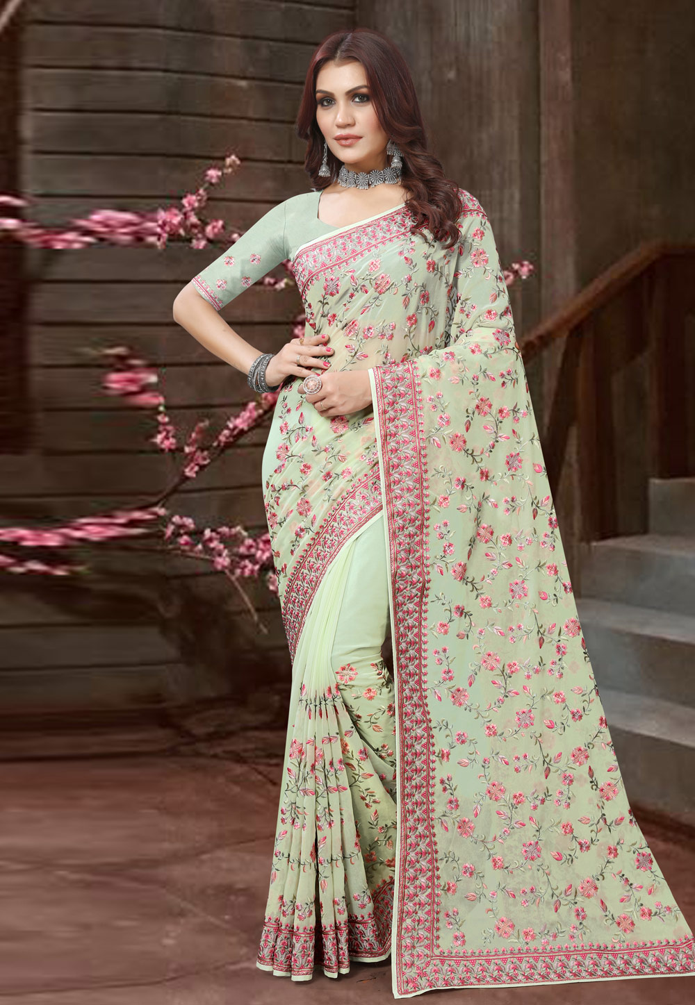 Pista Green Georgette Saree With Blouse 272706