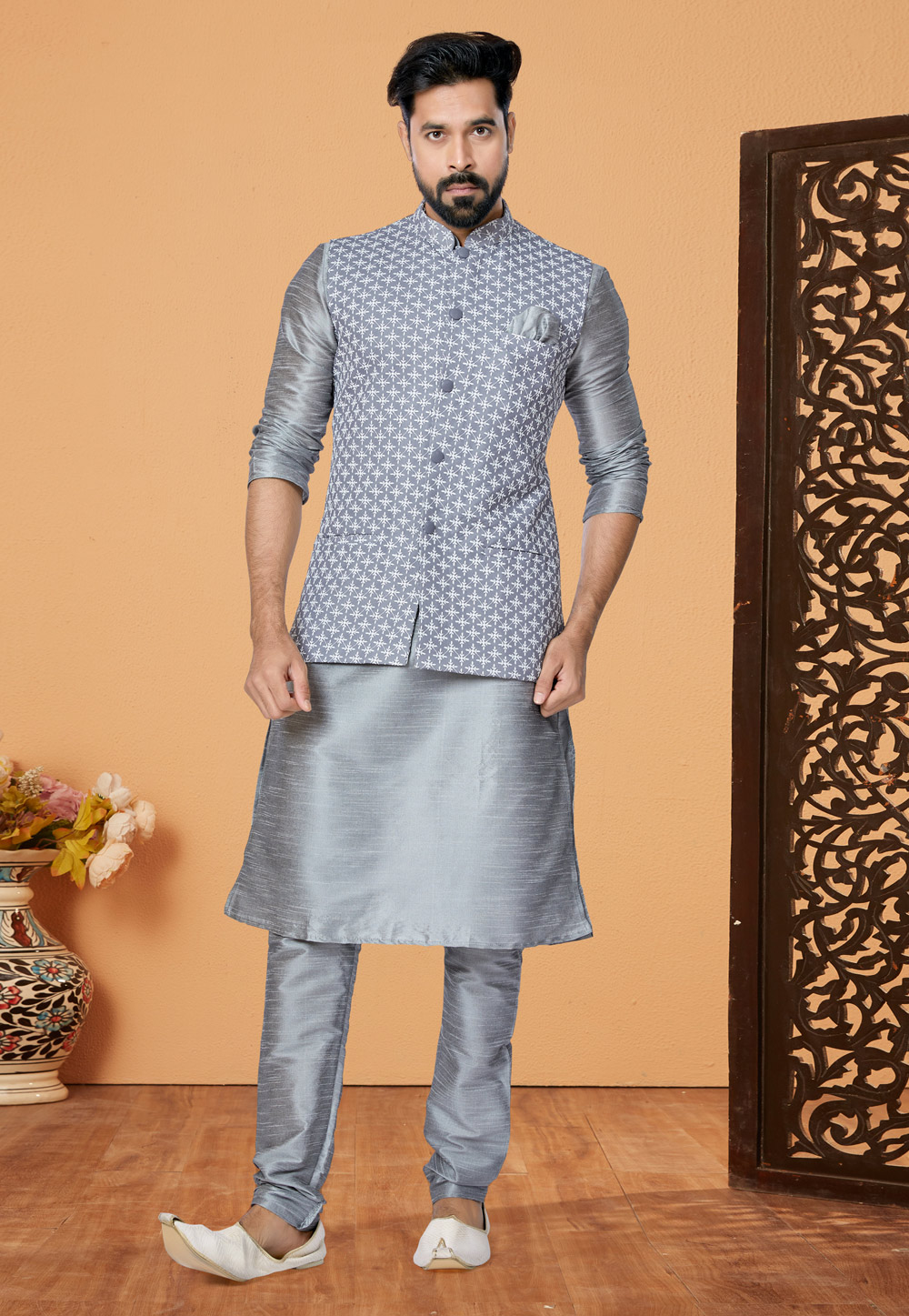 Grey Banarasi Kurta Pajama With Jacket 268572