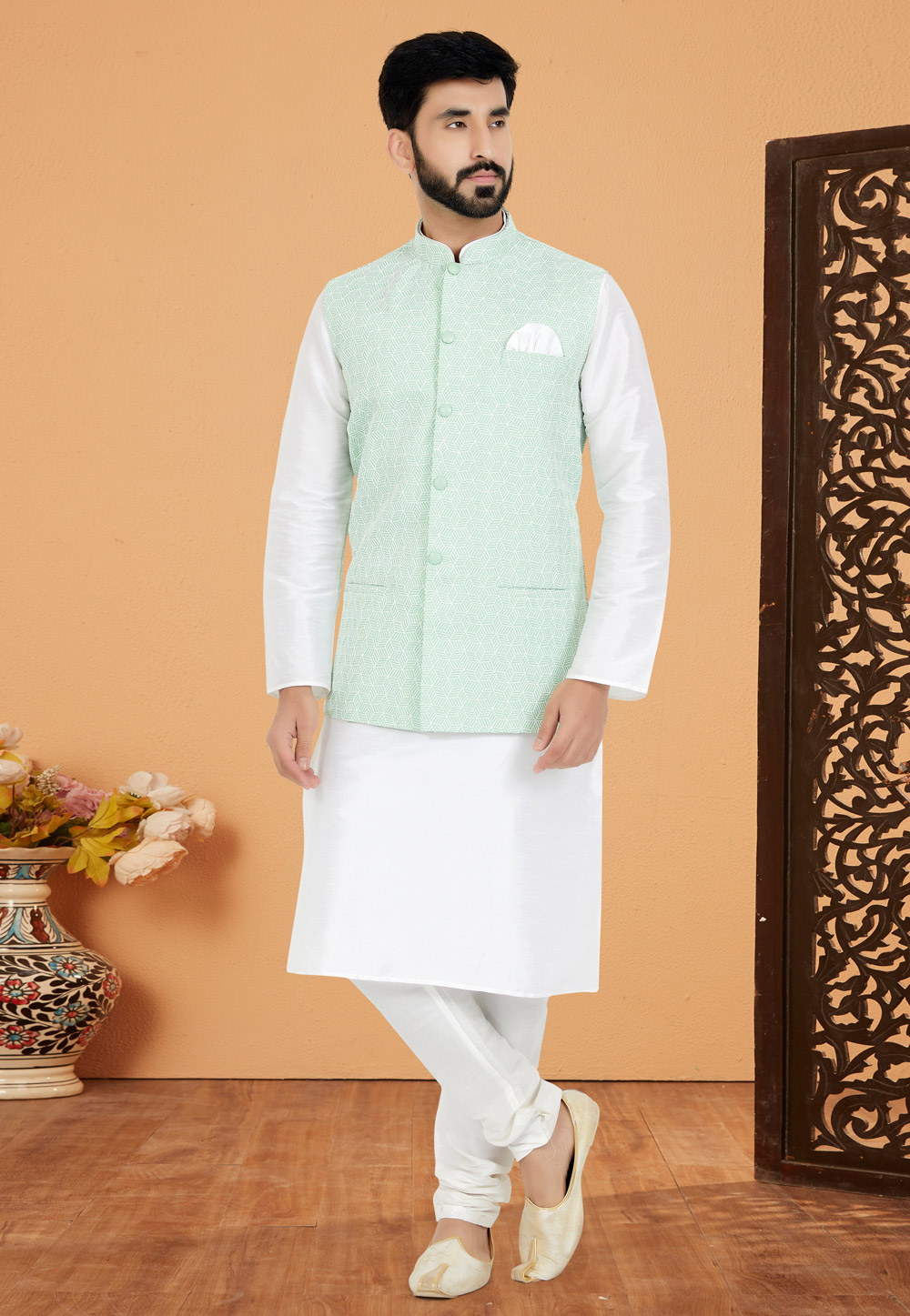 White Banarasi Kurta Pajama With Jacket 268574