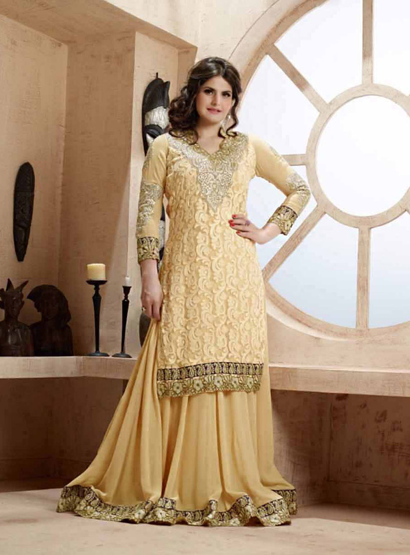 Zarine Khan Beige Georgette Indo Western Lehenga Choli 71980