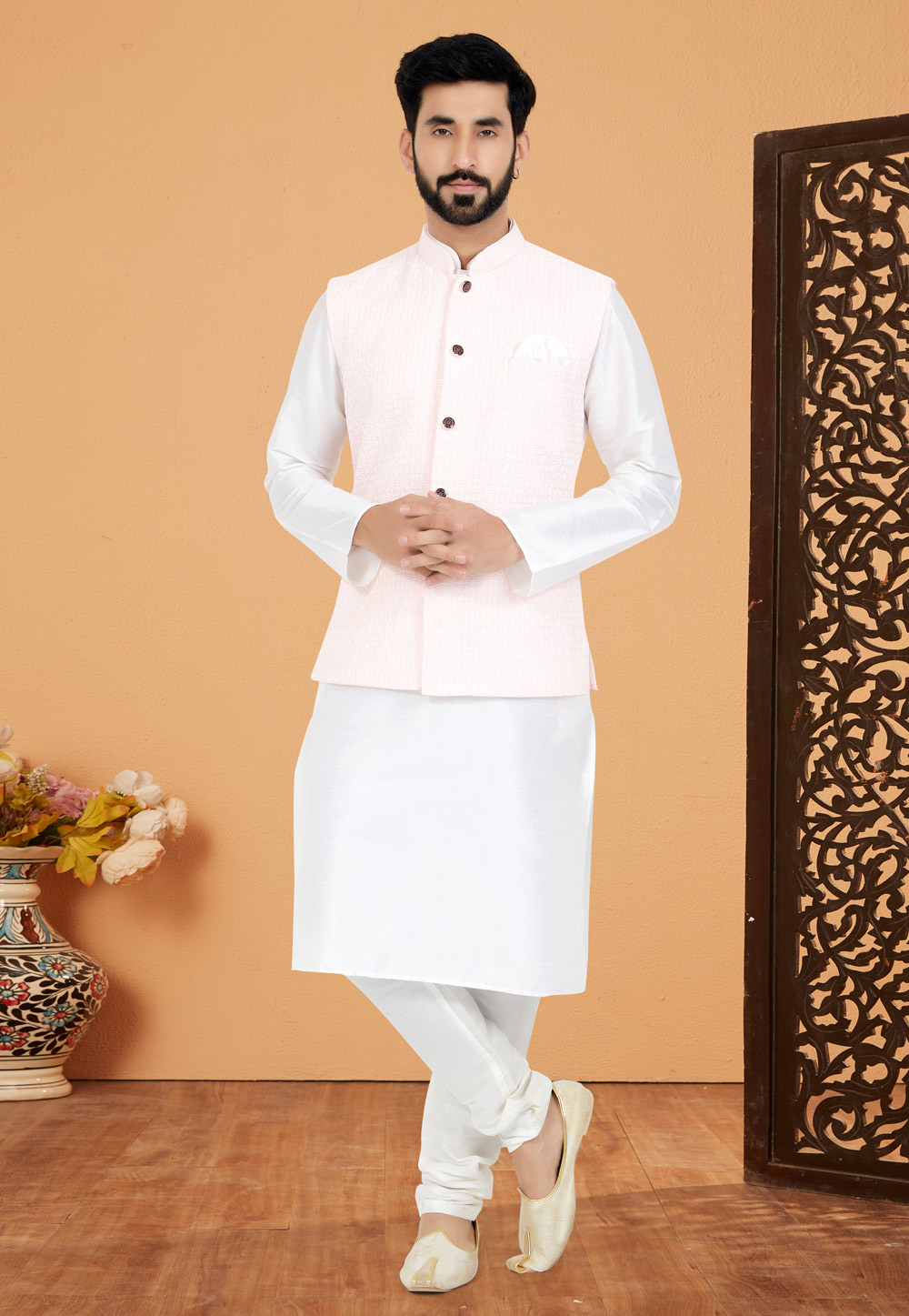 White Banarasi Kurta Pajama With Jacket 268576