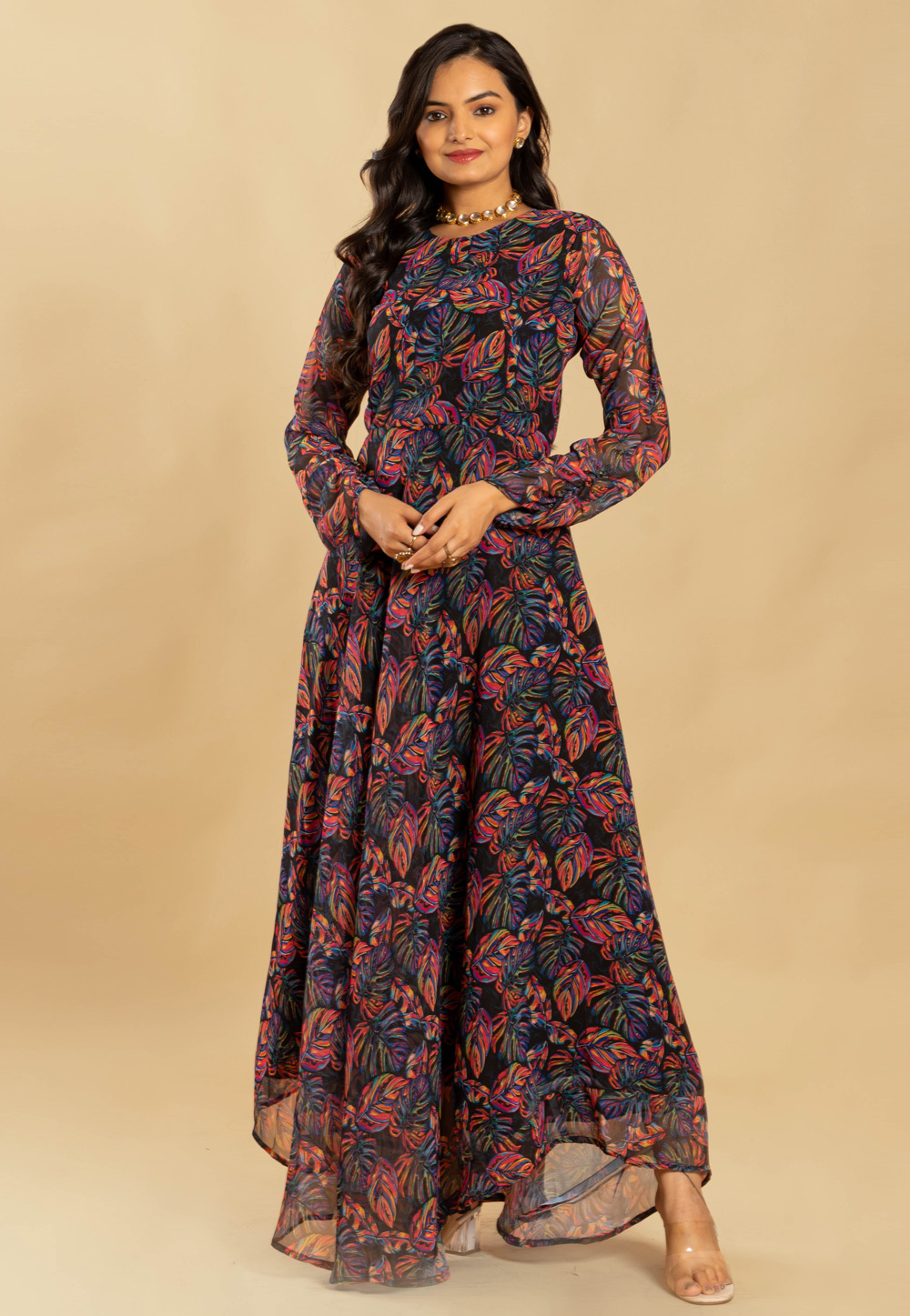 Black Faux Georgette Printed Gown 272222