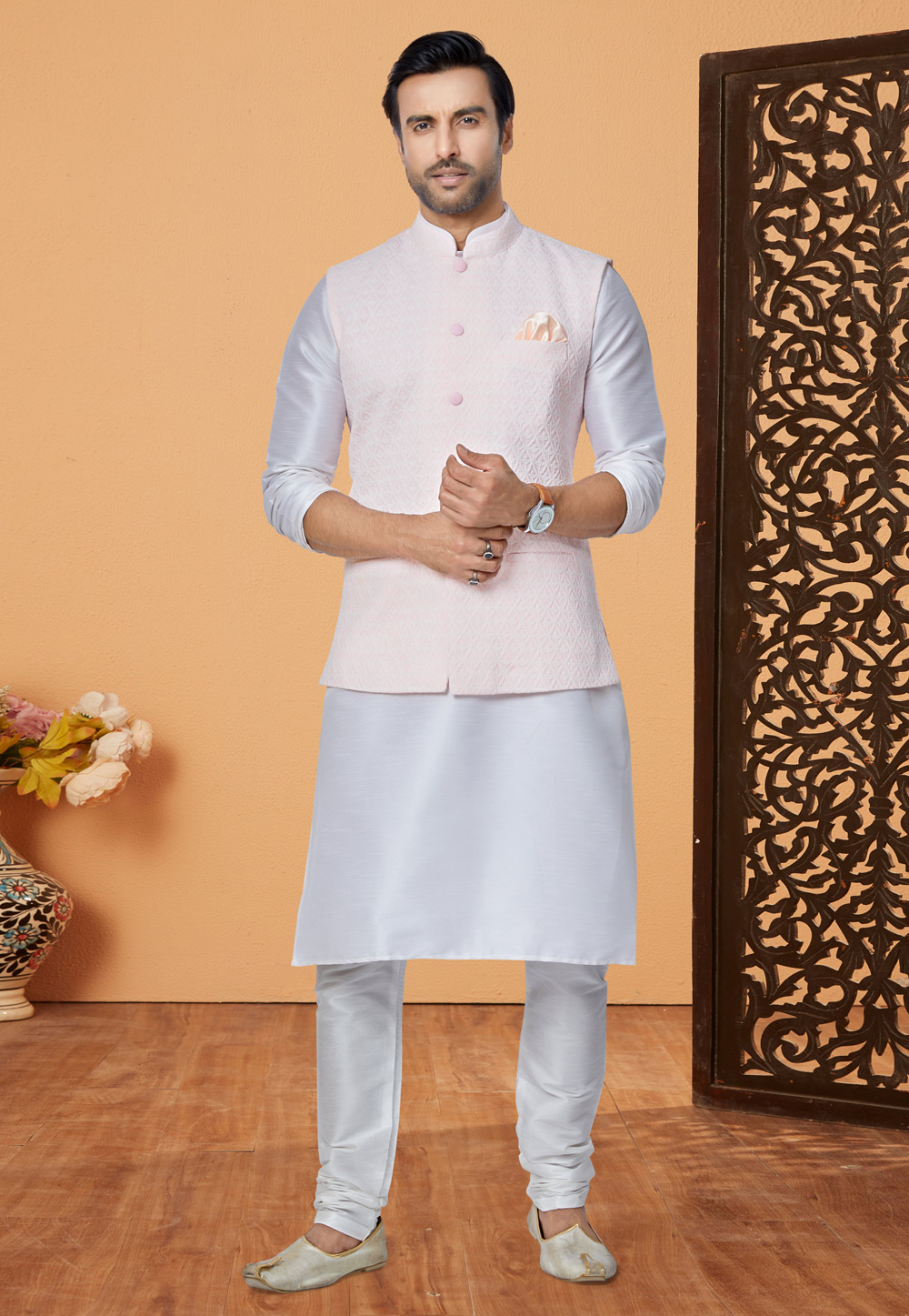 Off White Banarasi Kurta Pajama With Jacket 268577