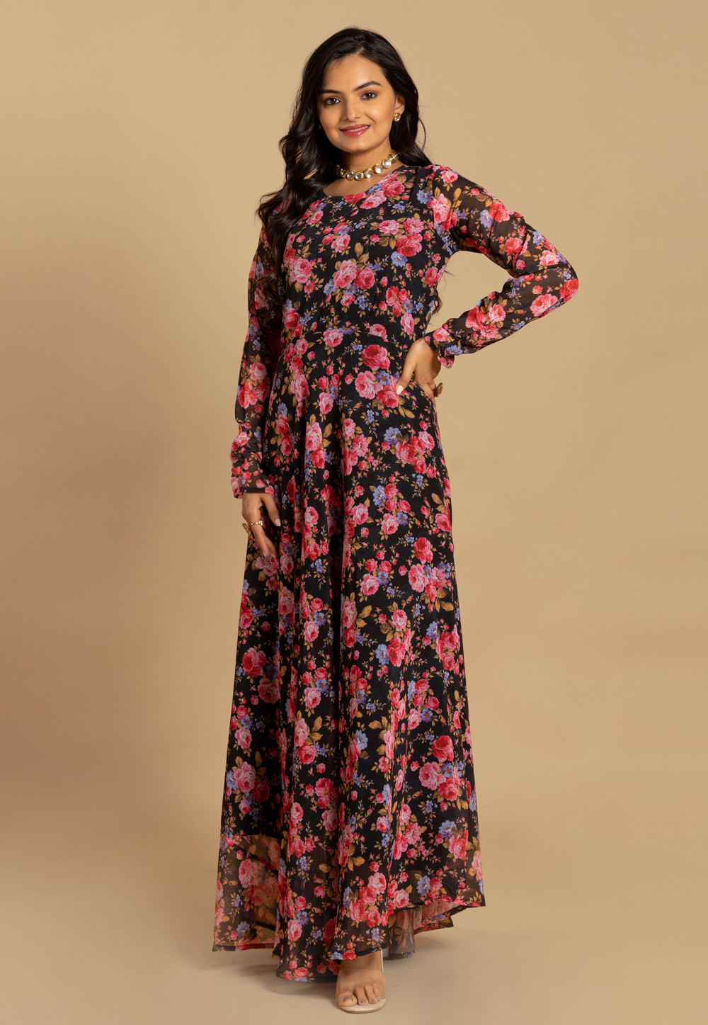 Black Faux Georgette Printed Gown 272223