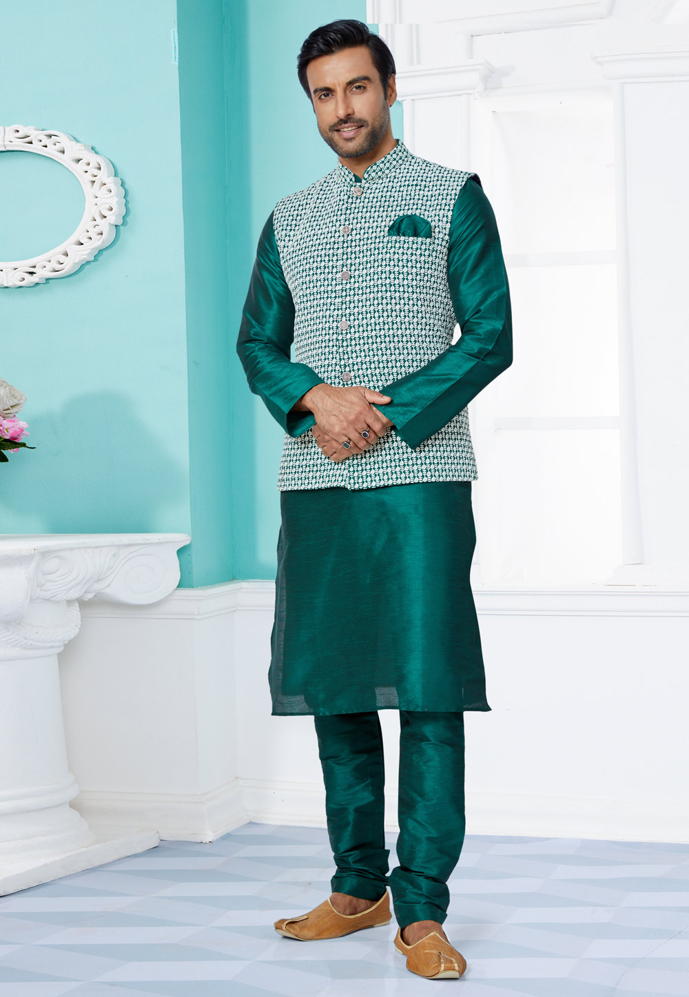 Green Banarasi Kurta Pajama With Jacket 268578