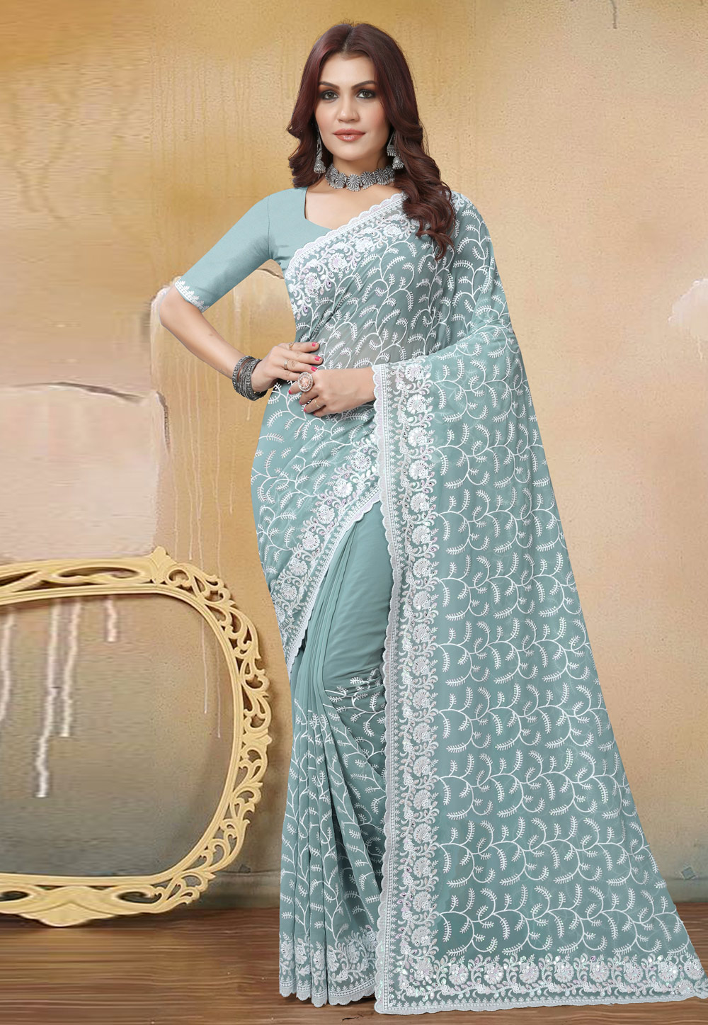 Sea Green Georgette Saree With Blouse 272683