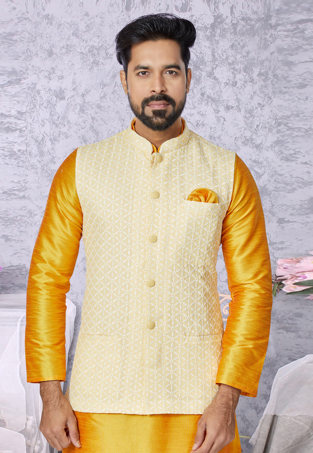 Yellow Trendy Kurta Pajama With Jacket Online at Best Price - Rutbaa