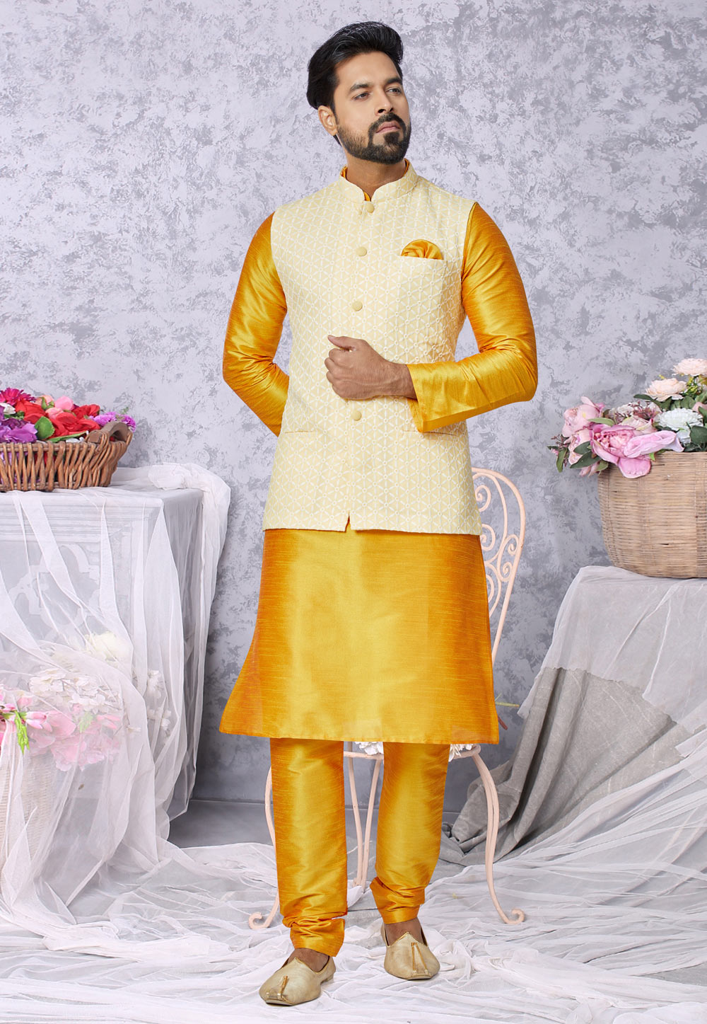 Yellow Banarasi Kurta Pajama With Jacket 268579