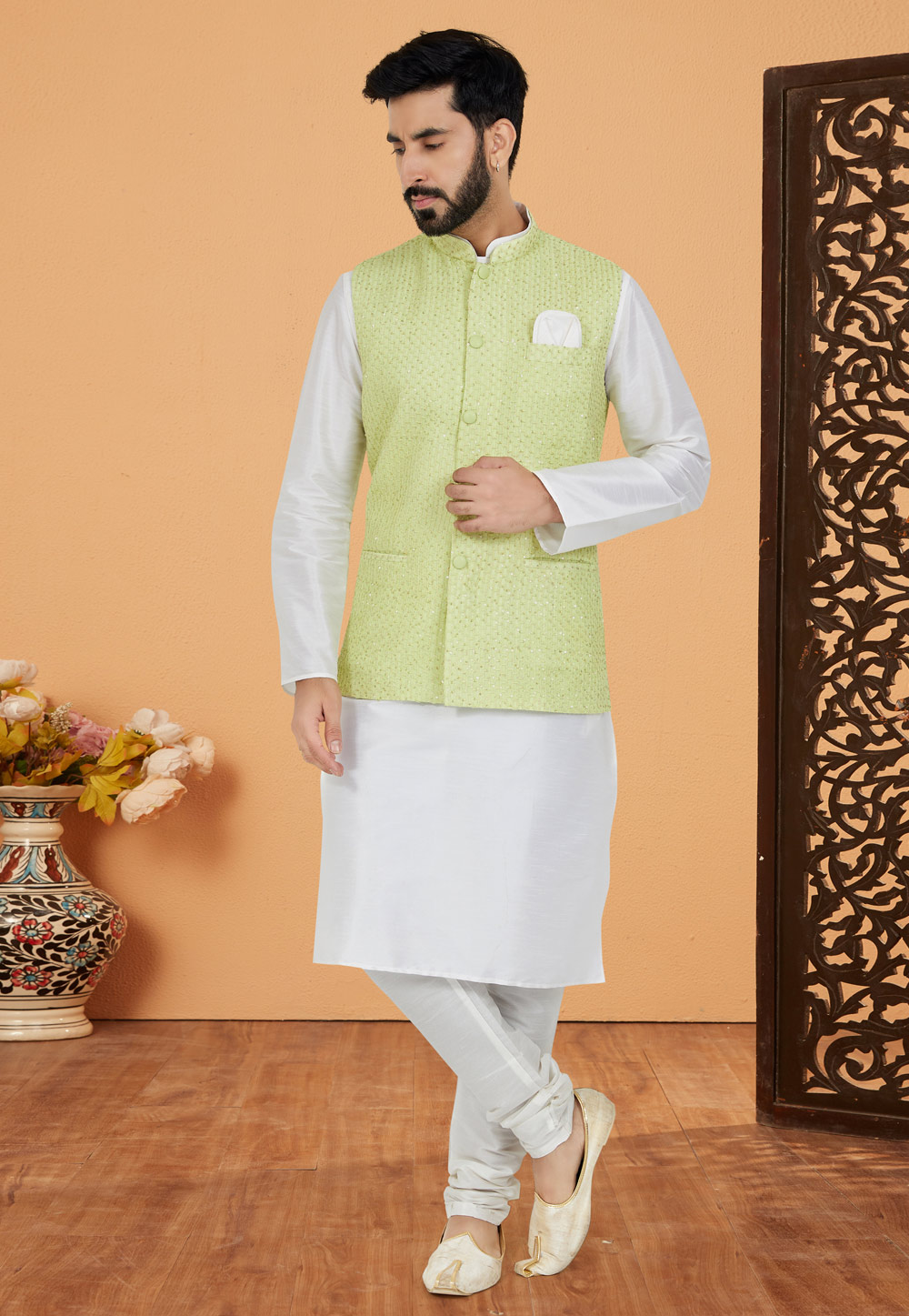 White Banarasi Kurta Pajama With Jacket 268581
