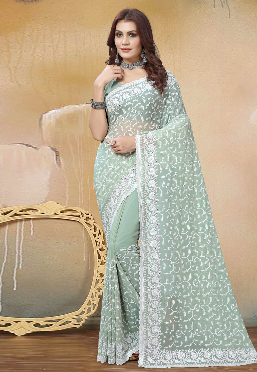 Pista Green Georgette Saree With Blouse 272686