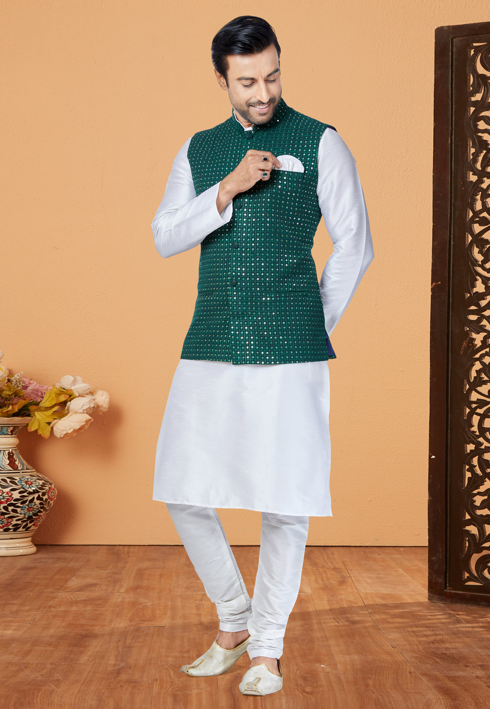 White Banarasi Kurta Pajama With Jacket 268582
