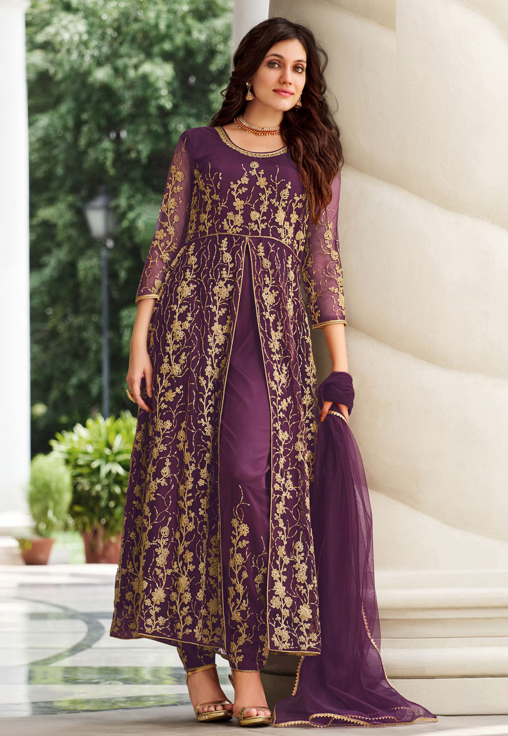 Purple Net Embroidered Pant Style Suit 250367