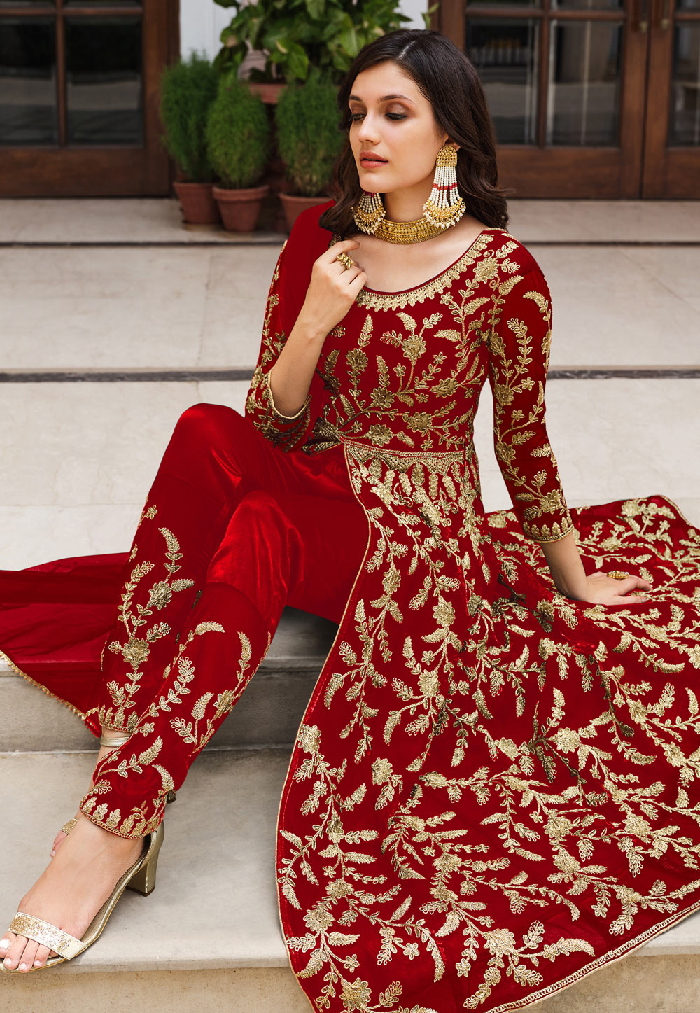 Pakistani / Indian Women's Red Embroidered Net and Jamawar 4 Piece Suit Eid online and Party Wear Size M