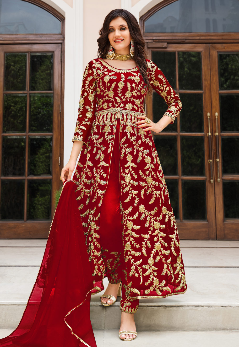 Red Net Embroidered Pakistani Suit 255404