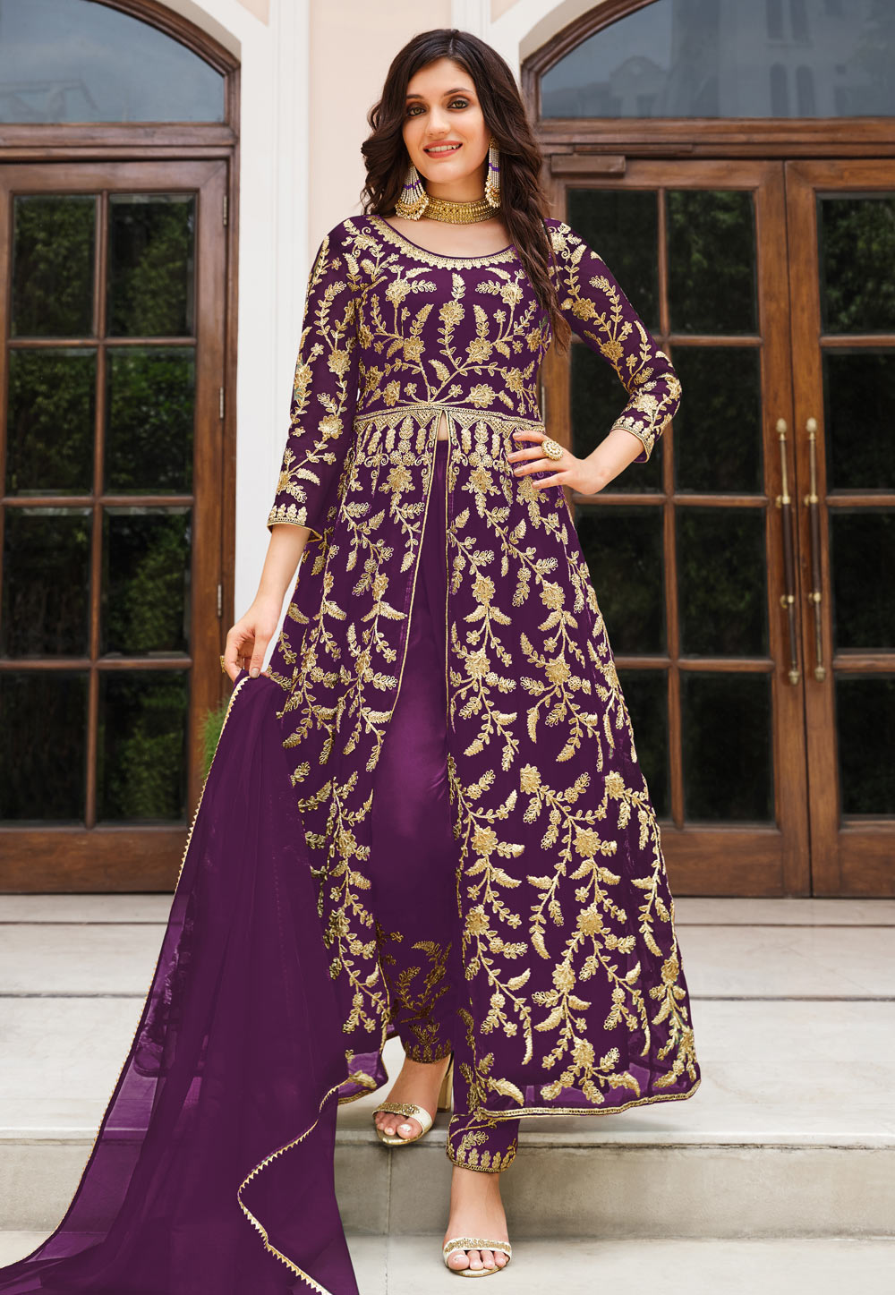 Purple Net Embroidered Pant Style Suit 277426