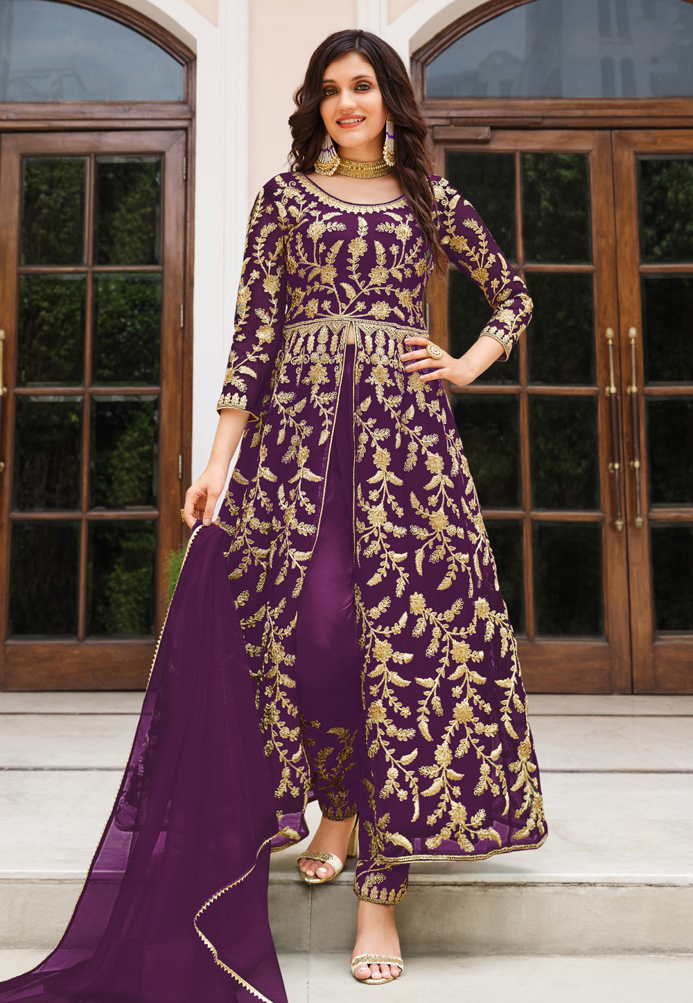 Purple Net Embroidered Pant Style Suit 255405