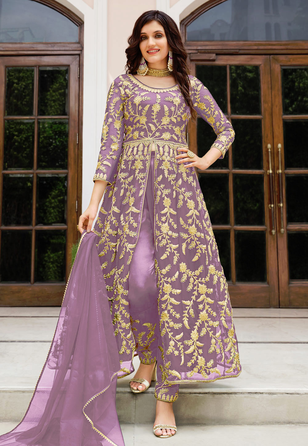 Lavender Net Embroidered Pakistani Suit 277428