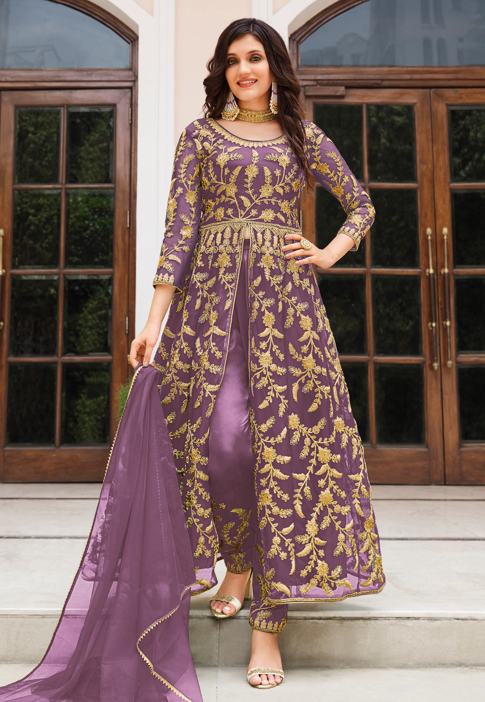 Lavender Net Embroidered Pant Style Suit 255407