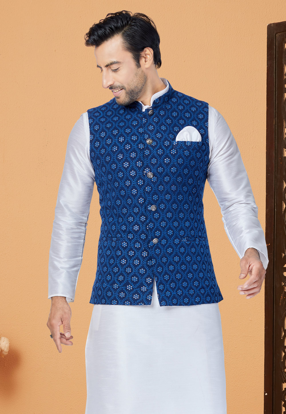 White kurta pajama with best sale blue waistcoat