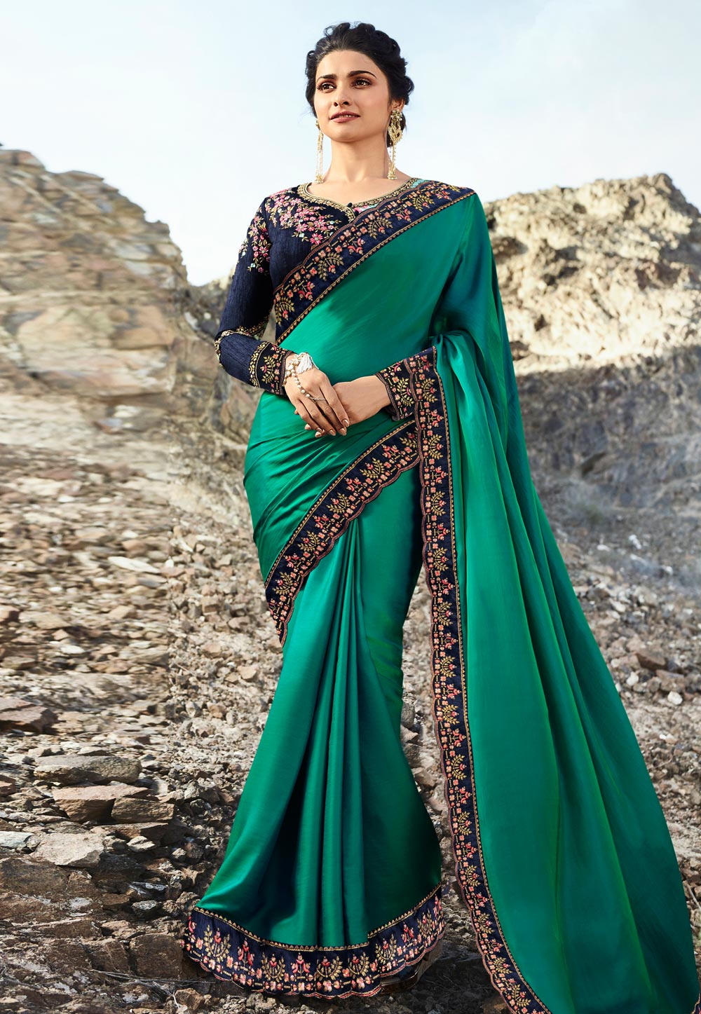 Prachi Desai Sea Green Silk Party Wear Saree 155425