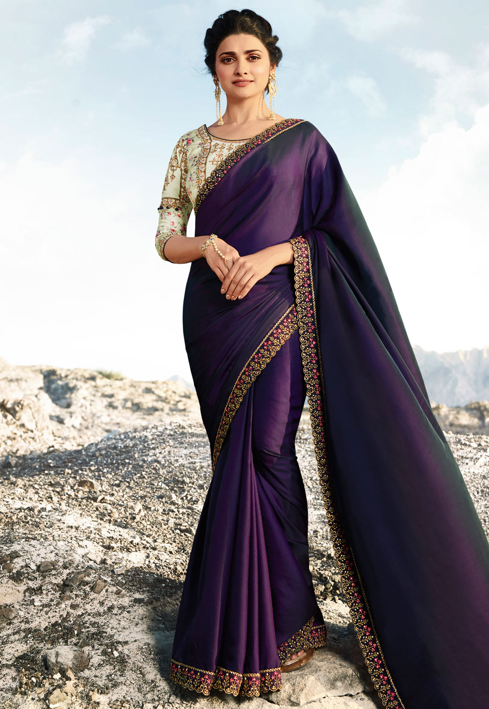 Prachi Desai Purple Silk Party Wear Saree 155426