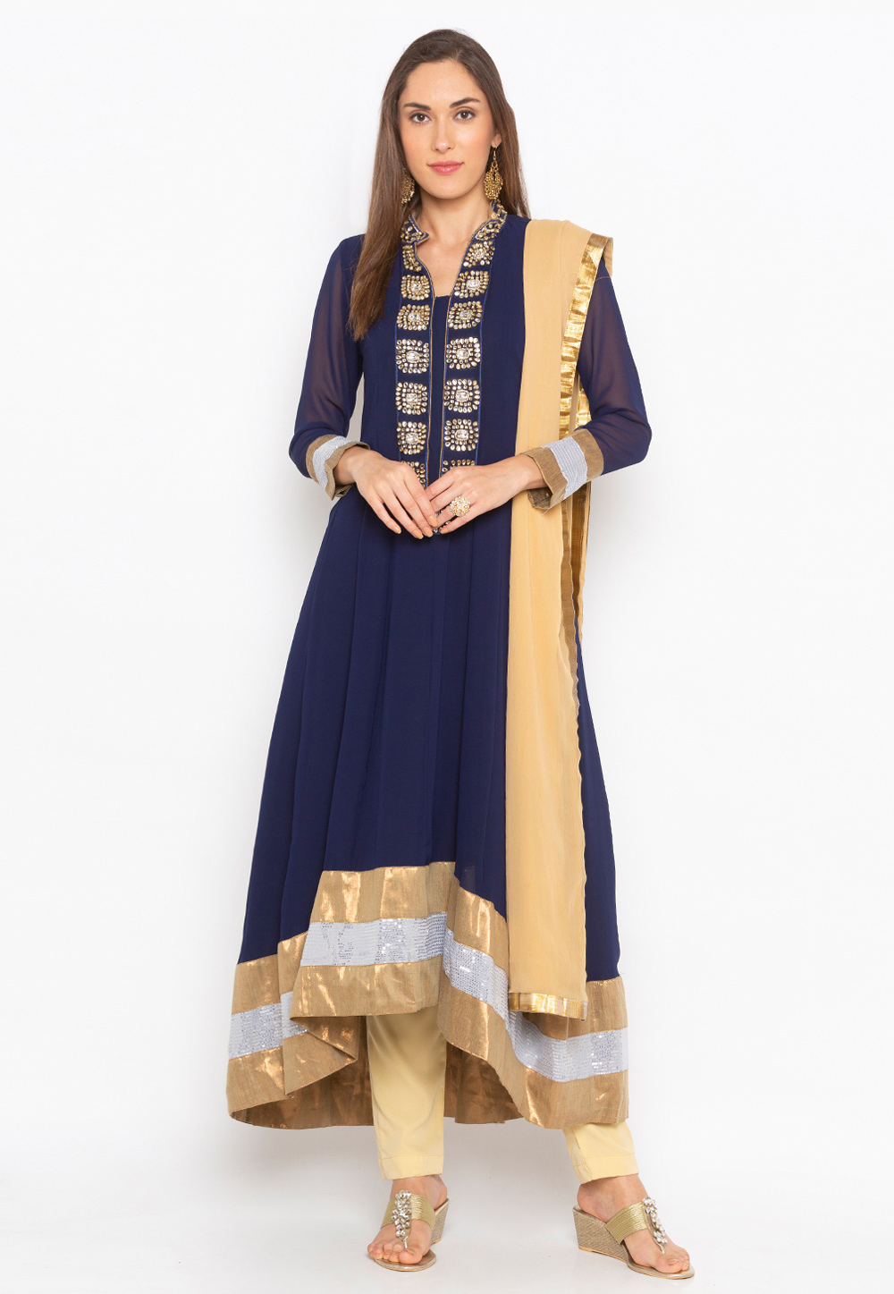 Navy Blue Georgette Readymade Kameez With Pant 246153