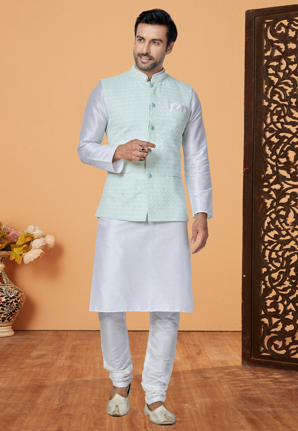 White Banarasi Kurta Pajama With Jacket 268585
